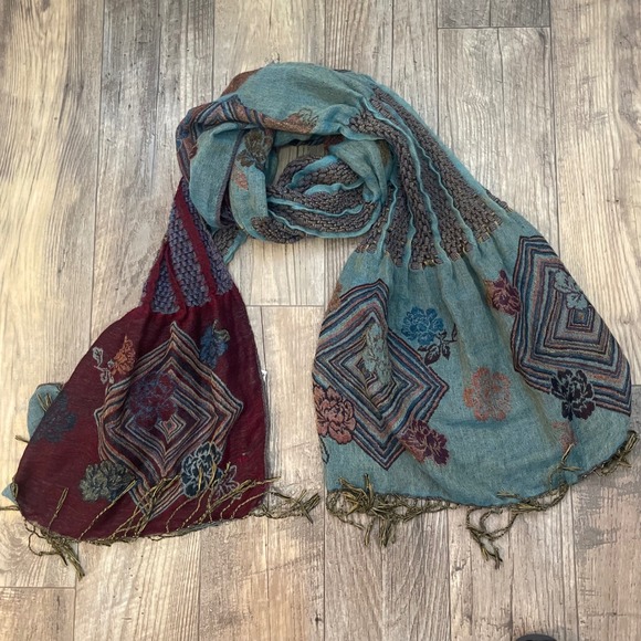 PASHMINA Women's Geometric Floral Smocked Scarf Wrap Shawl Burgundy Teal - Picture 2 of 13